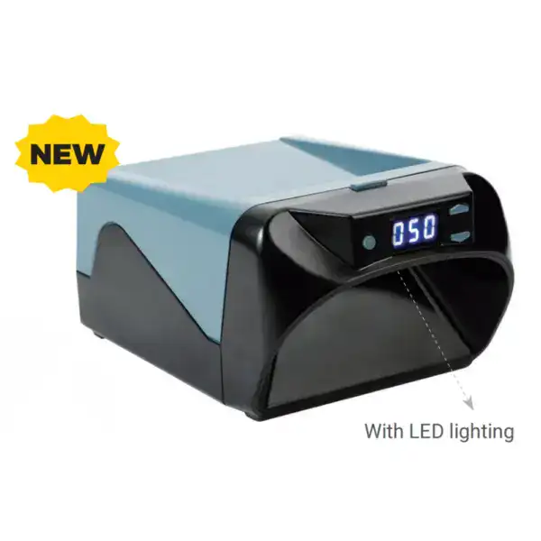 Portable desktop fume extractor with LED lighting, ideal for welding, soldering, and smoke removal in workshops. Compact design enhances workspace safety and air quality.