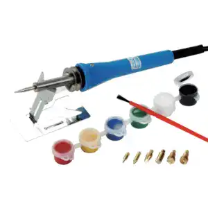 Soldering iron with colorful paint pots, tips, and stand, ideal for wood burning projects and beginners' craft kits.