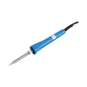 Small soldering iron with blue handle, ideal for detailed soldering tasks and electronics repairs. Compact design ensures easy handling and accurate control for delicate soldering projects.