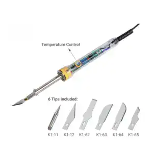 High-quality wood burning engraving tool with adjustable temperature control and six interchangeable tips for detailed pyrography and woodworking projects.