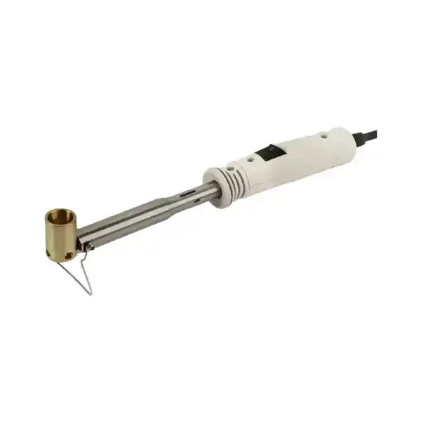 Small solder pot with a heating element, ideal for melting and applying solder in electronics and jewelry projects. Compact design for precise soldering tasks.