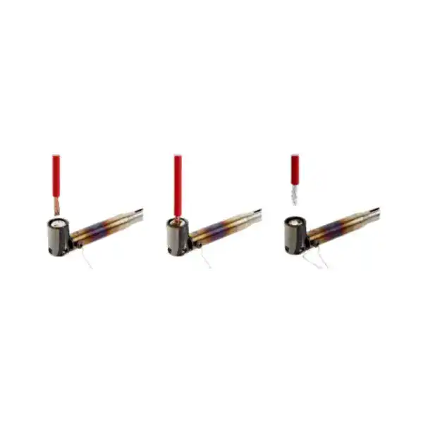 Close-up of a small solder pot with a red soldering iron tip, used for precise soldering and electronic component assembly.