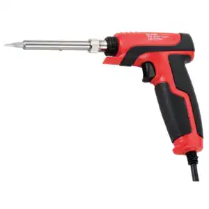 Red and black soldering iron gun with a metal tip, ideal for electronics soldering, DIY repairs, and hobbyist projects. Ergonomic design for comfortable handling.