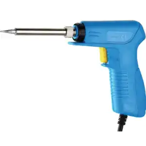 Electric soldering gun with blue handle and metal tip, ideal for electronics and small welding projects. Ergonomic design for precise soldering and easy handling.