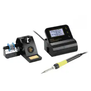 High-precision soldering station with digital display and adjustable temperature settings.