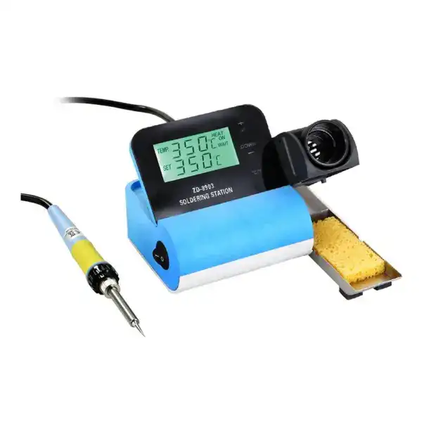 High-precision digital soldering station with adjustable temperature display and sponge cleaning pad for electronics repair.