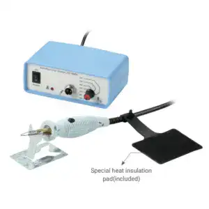 Portable wood burning station with heat insulation pad for efficient fireplace heating and woodwork projects.