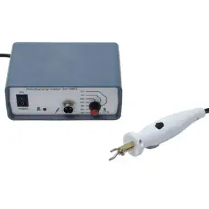 Portable plastic welding tool with adjustable temperature control and power supply unit. Ideal for repairing and joining plastic materials with precision and ease.