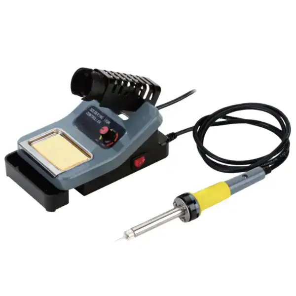 High-quality soldering station with hot air tool for electronics repair and soldering tasks. Includes adjustable temperature control, ergonomic design, and a stable base for professional use.