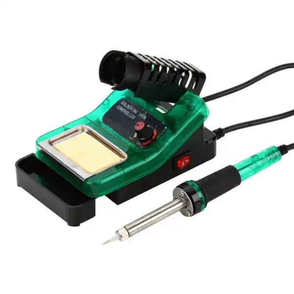 Compact soldering station with hot air gun and soldering iron, ideal for electronics repair and assembly, featuring adjustable temperature controls and ergonomic design.