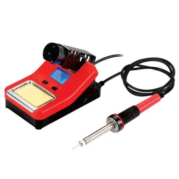 High-precision variable temperature soldering station with digital display and ergonomic design for electronics repair and soldering projects.