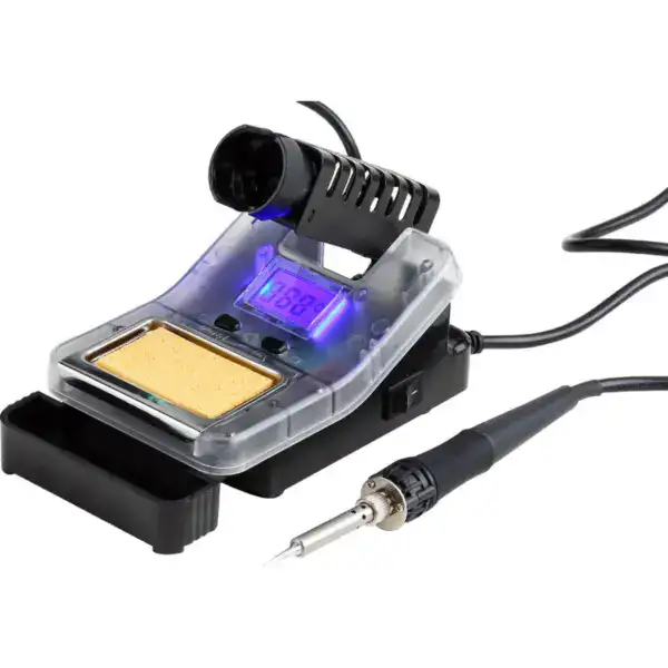 Digital soldering station with adjustable temperature control and LCD display for precise soldering tasks. Compact design with a soldering iron and safety features.