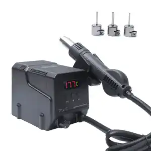 High-precision hot air rework station with digital temperature control and three nozzles for precise soldering and desoldering of electronic components.