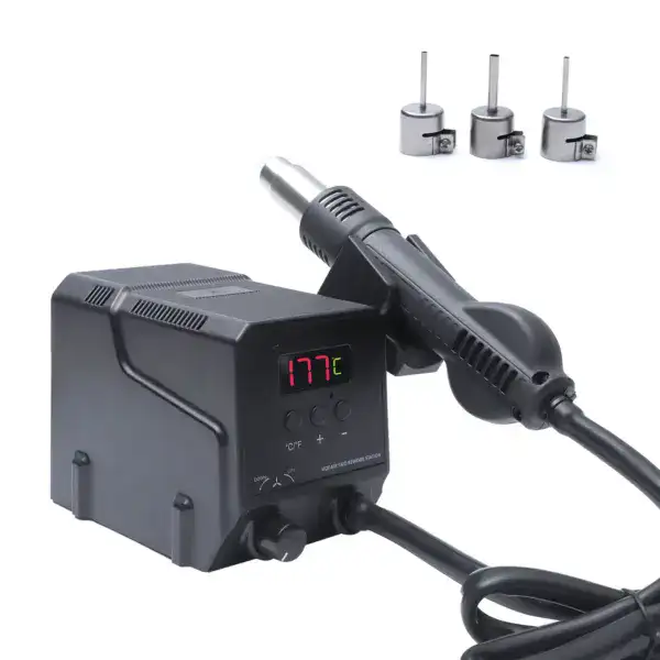 High-precision hot air rework station with digital temperature control and three nozzles for precise soldering and desoldering of electronic components.