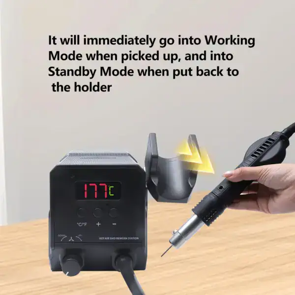 High-precision hot air rework station with digital temperature display and adjustable airflow, ideal for electronics soldering, desoldering, and component rework.