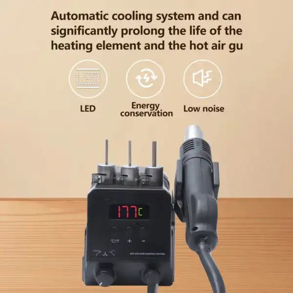 Compact hot air rework station with digital display, suitable for soldering, desoldering, and electronic repairs, featuring energy-saving and low noise operation.