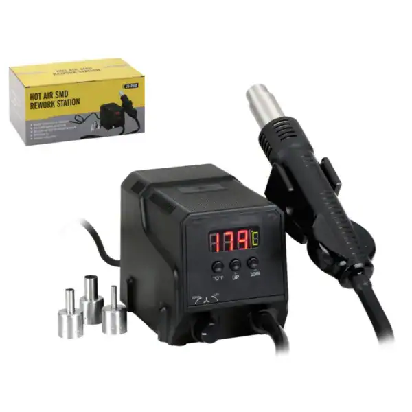 High-quality hot air rework station with digital temperature control and adjustable airflow, ideal for soldering and desoldering SMD components on circuit boards.