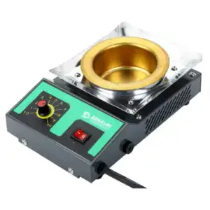 Compact solder pot machine with adjustable temperature control and gold-plated crucible for precise soldering tasks in electronics manufacturing.