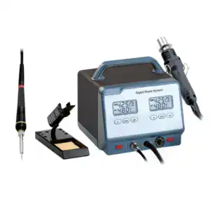 High-quality 2-in-1 soldering station for professional electronics repair and soldering tasks. Features adjustable temperature controls, digital readouts, and compatible soldering iron and hot air gun.