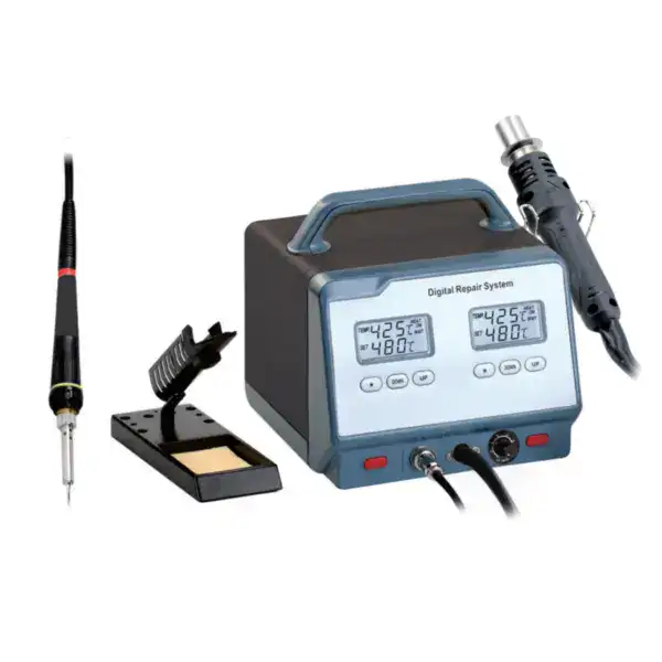 High-quality 2-in-1 soldering station for professional electronics repair and soldering tasks. Features adjustable temperature controls, digital readouts, and compatible soldering iron and hot air gun.