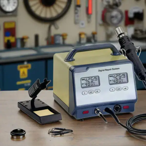 Professional 2-in-1 soldering station with digital temperature control, suitable for electronics repair and DIY projects. Features adjustable settings and ergonomic design.