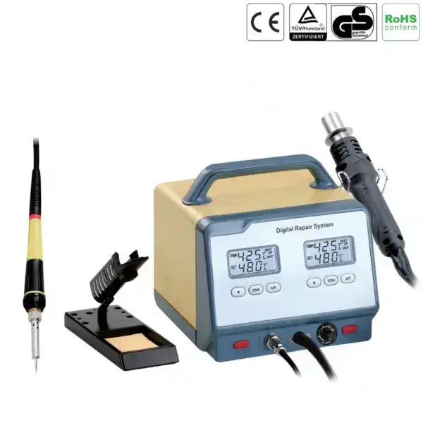 High-quality 2-in-1 soldering station for electronic repairs, featuring digital temperature control and versatile soldering tools for professional use.