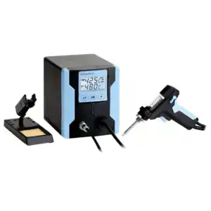 High-quality desoldering station with digital temperature display, hot air gun, and soldering iron for electronic repair and PCB work.