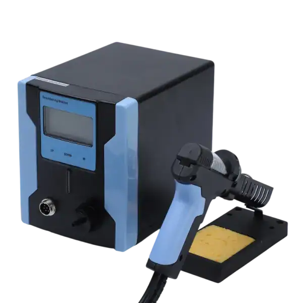 High-quality desoldering station for electronics repair and soldering tasks, featuring a digital display, hot air gun, and soldering iron for precise component removal.