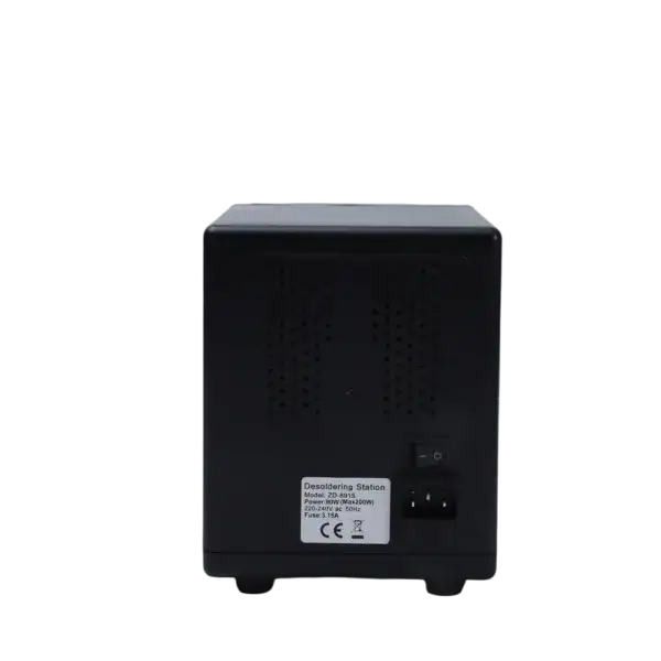 Compact desoldering station used for electronic component removal, featuring adjustable temperature control and a powerful vacuum pump for efficient solder extraction.