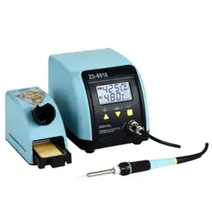High-quality portable soldering station with digital temperature control, hot air gun, and accessories for precise electronic soldering and rework tasks.