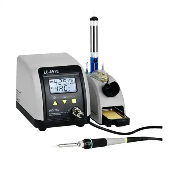 High-precision portable soldering station for electronics repair and soldering projects. Features digital display, adjustable temperature, and ergonomic design for professional use.