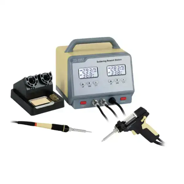 High-precision soldering and desoldering station with digital temperature control and accessories.