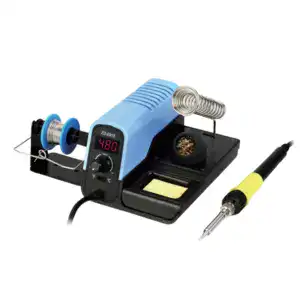 Soldering station with digital temperature control, soldering iron, and accessories for electronic assembly and repair. Ideal for professional and hobbyist soldering tasks.