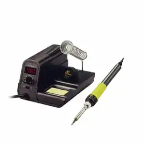 A professional soldering station with adjustable temperature control, solder wire, and a precision soldering tip, ideal for electronics repair and circuit board assembly.