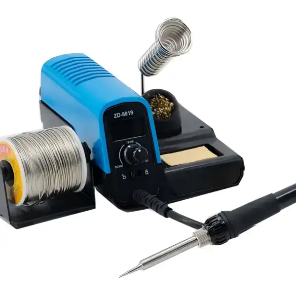 High-quality soldering station with digital temperature control and solder wire spool.