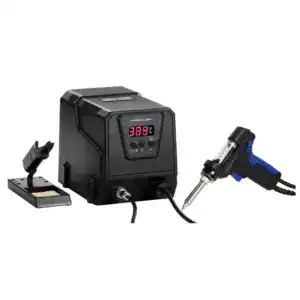 High-quality soldering station with digital temperature control and hot air gun for precise electronic repairs.