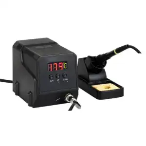 High-precision soldering station with digital temperature display and adjustable controls for electronics repair and assembly.