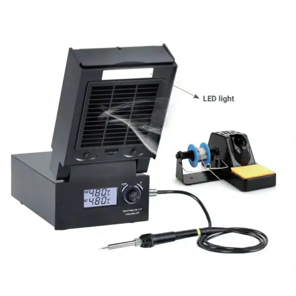 Soldering station featuring adjustable temperature control, LED illumination, and a hot air rework station for precise electronic repairs. Ideal for DIY electronics and professional soldering tasks.