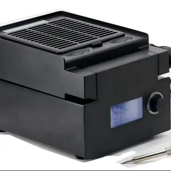 High-precision 3-in-1 soldering station with digital display and adjustable temperature controls. Ideal for electronics repair, soldering, and desoldering tasks. Compact and user-friendly design.