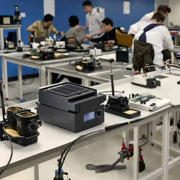 An image showcasing a professional 3-in-1 soldering station in a busy electronics workshop with multiple workbenches and technicians.