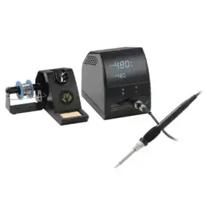 High-precision soldering station with digital temperature control and hot air rework feature for electronics repair and assembly.