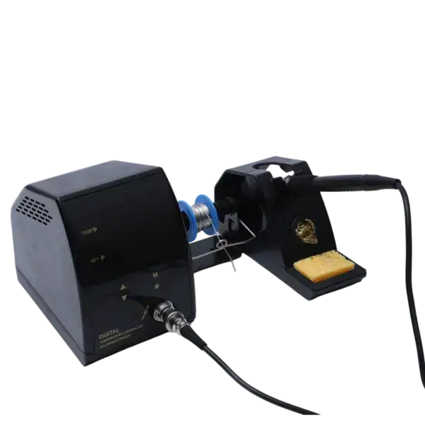 High-quality electronics soldering station with adjustable temperature control and soldering iron. Ideal for precise soldering tasks in electronics assembly and repair.