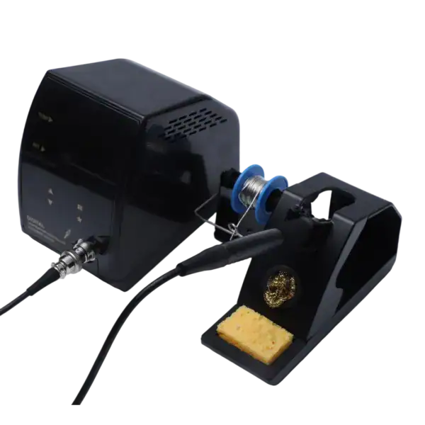 High-quality electronics soldering station with adjustable temperature control and hot air rework feature. Ideal for circuit board assembly and repair, featuring a soldering iron, hot air gun, and acc.
