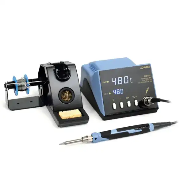 High-precision soldering station with digital display and adjustable temperature for electronics repair and assembly.