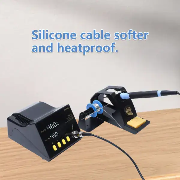 High-quality soldering station with silicone cable, adjustable temperature control, and hot air tool for precise electronic repairs.