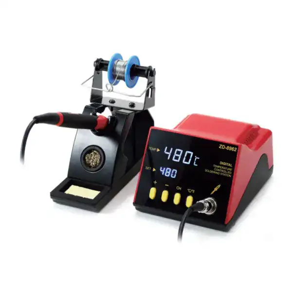 High-precision T12 soldering station with digital temperature control and hot air rework feature for electronics repair and assembly.