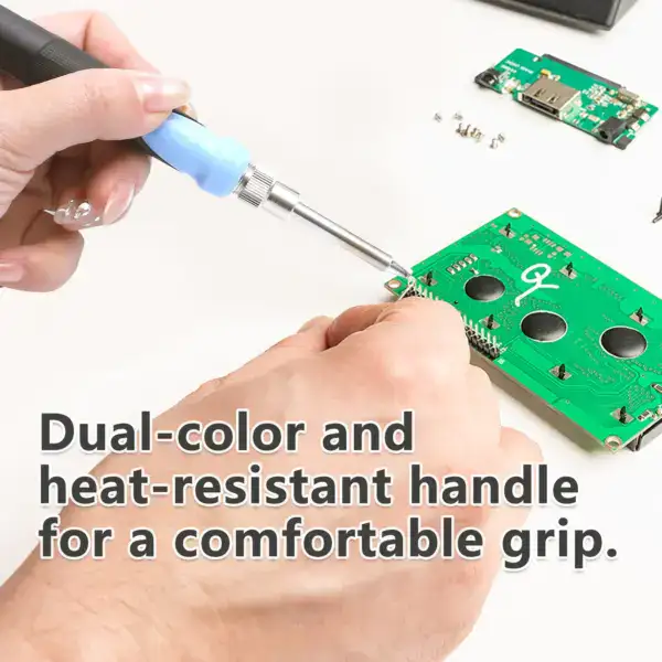 Close-up of a person soldering a circuit board with a T12 soldering station featuring a dual-color, heat-resistant handle for comfortable grip.
