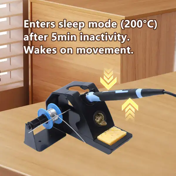 High-precision soldering station with sleep mode at 200°C after 5 minutes of inactivity.