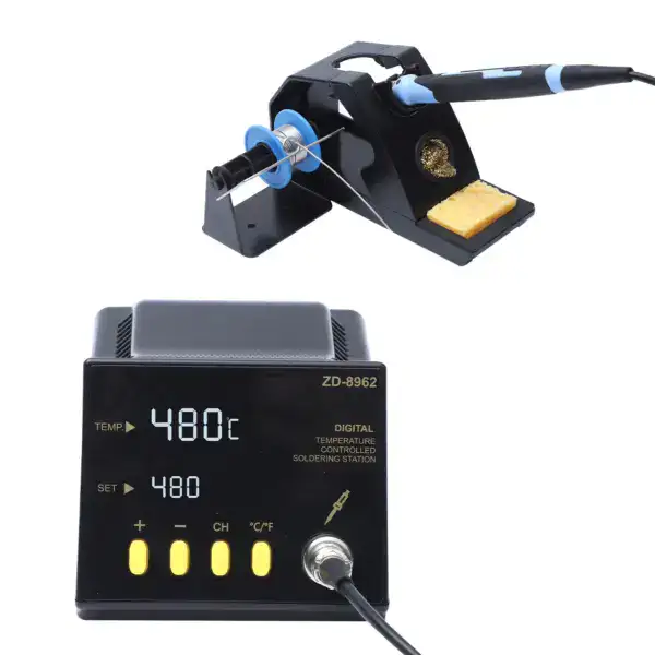 Soldering station with digital display showing 480°C, adjustable temperature settings, and soldering iron. Ideal for electronics repair and soldering projects.