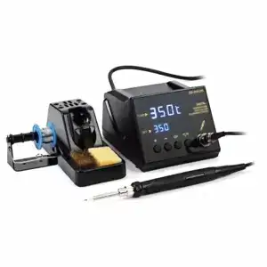 Soldering station with digital display showing 350°C, featuring a soldering iron, stand, and cleaning sponge for electronics repair and soldering projects.